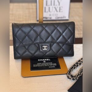 CHANEL Black Quilted Long Wallet Lambskin Leather with Silver Logo